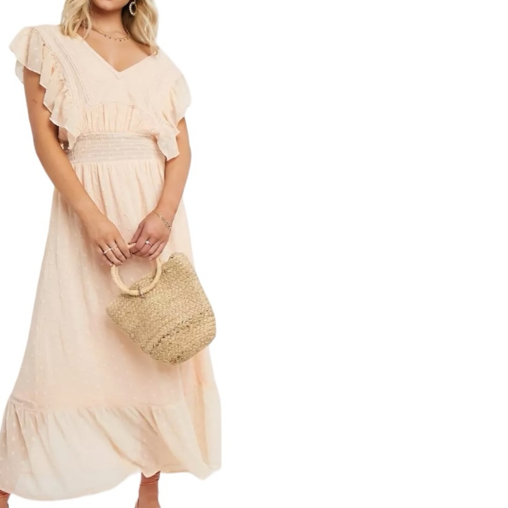 Donny Lace Peach Smocked Midi Dress Sz 6 Romantic Cottagecore Prairie Fairy Boho